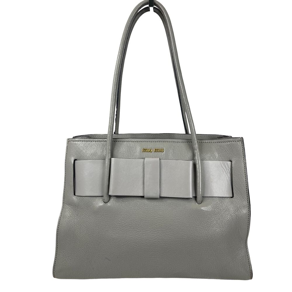 Miu Miu Madras Fiocco Bow Tote Gray Leather Shoulder Bag Made In Italy